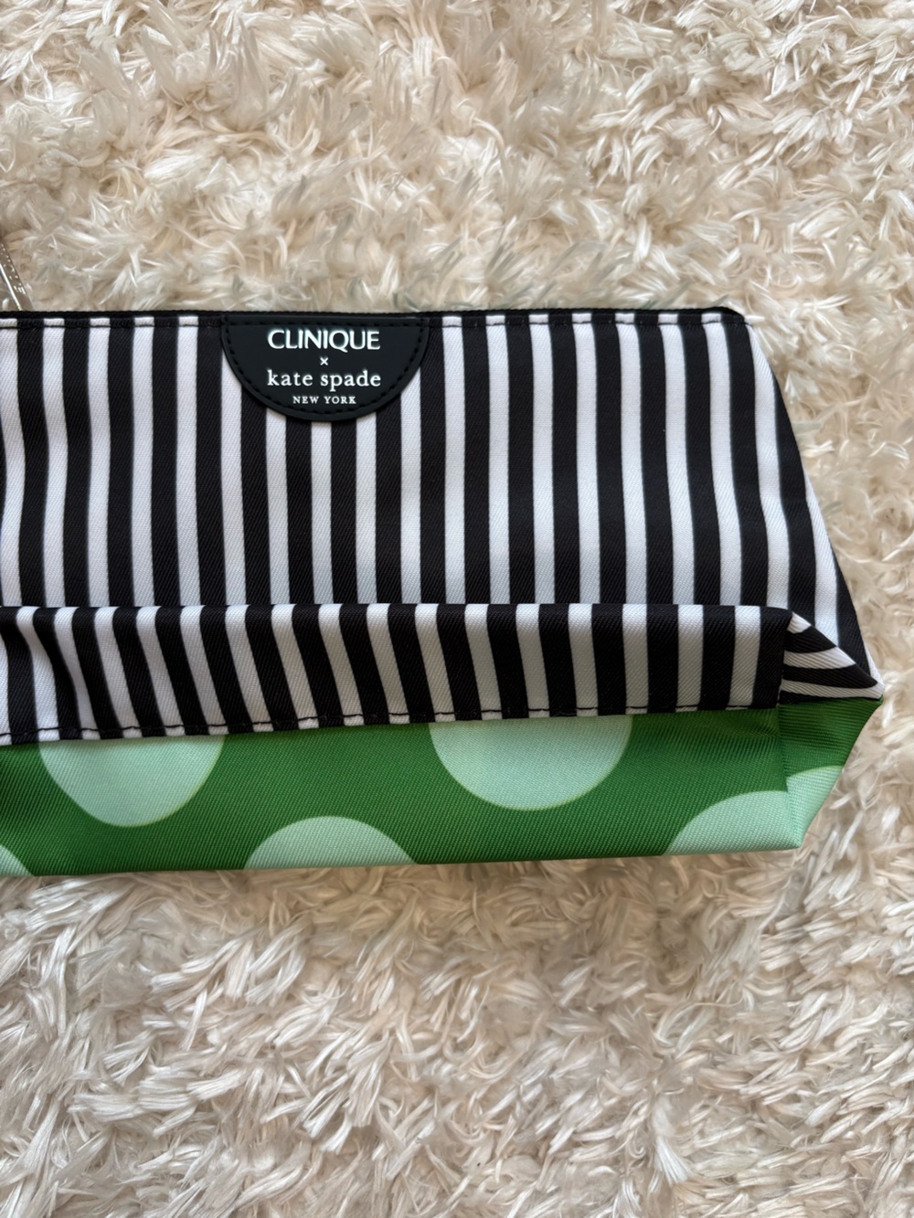 kate spade Black and White Striped Green Polka Dot Pattern Cosmetic Pouch Makeup